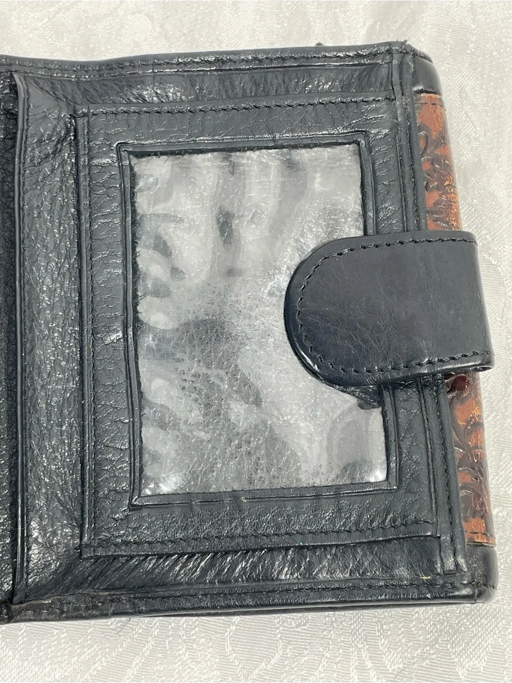 Brighton Vintage Tooled Leather Bifold Wallet in Black and Brown.